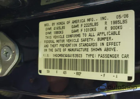 2006 Honda Accord 2.4 Se from USA, damaged, VIN 1HGCM56346A153503